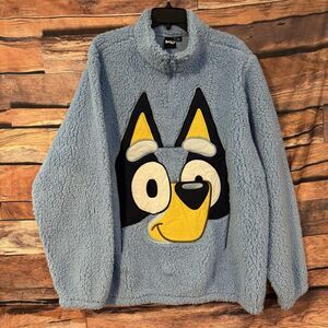 BLUEY Men's XL Blue Sherpa Quarter Zip Pullover Sweatshirt Ludo Studio